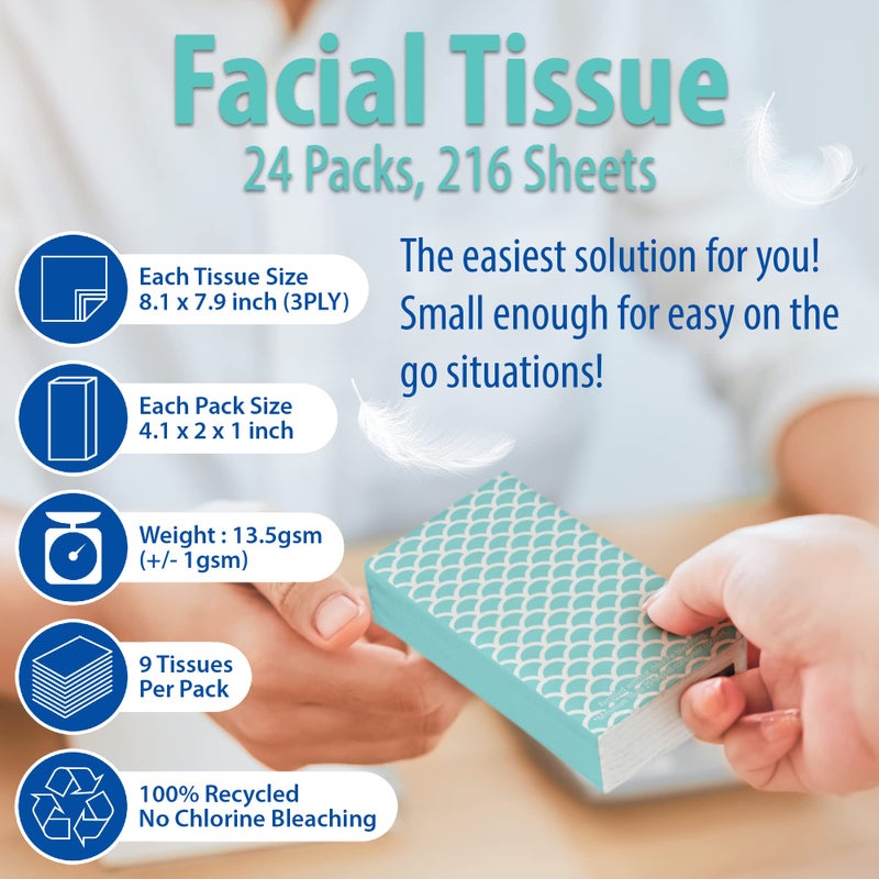 Funwares Travel Tissue Packs â€“ 24 Compact 3-Ply Packs (216 Total), Soft Chlorine-Free Facial Tissues for Purse, Car, or School, Gentle & Durable, Non-Bleach, Stylish Geometric Design - Image 2